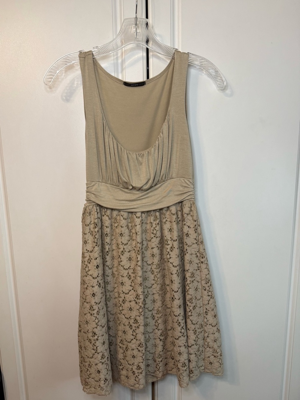 Soprano Beige Lace Fit & Flare Dress Women's Small Sleeveless Ruched Waist Sand
